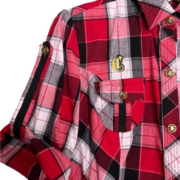 COOGI Button Down Shirt Roll Tab Long Sleeves Red Black Plaid Elastic Waist Sz L - Picture 3 of 12